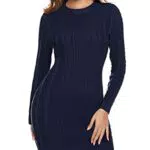 NC Damen Kleider Strick Pulloverkleid Elegant Strickkleid Rundkragen Langarm Tunika Kleid Midikleid Marine