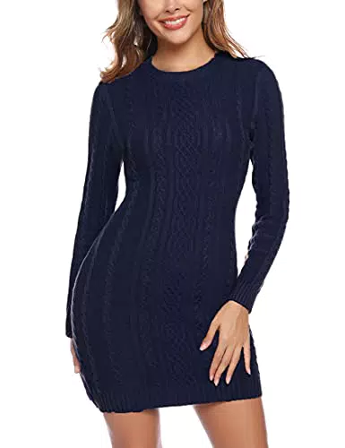 NC Damen Kleider Strick Pulloverkleid Elegant Strickkleid Rundkragen Langarm Tunika Kleid Midikleid Marine