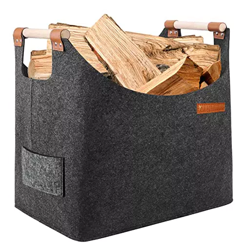 NewFree XXL kaminholzkorb mit verstärkter Griff, Faltbarer Holzkorb Filztasche Mit Seitentasche für Einkauf