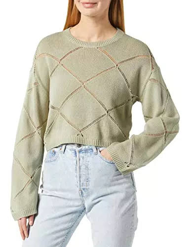 Noisy may Cropped Rundhals Strickpullover mit Lochstrick Details Langarm Shirt Rippbündchen NMJUNE