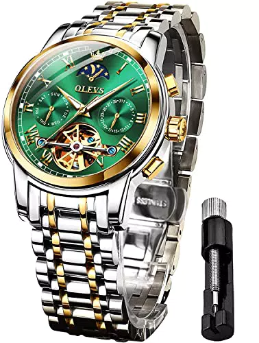OLEVS Herrenuhren Automatik Grün Skelett Mechanische Luxus Kleid Armbanduhr mit Mondphase Tag Datum Wasserdicht Leuchtende Zweifarbige Uhr