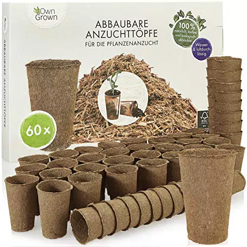 OwnGrown Abbaubare Anzuchttöpfe: 60x Premium Anzucht Topf aus Holzfasern biologisch abbaubar Pflanztöpfe rund zur Pflanzen Anzucht Torffrei