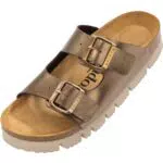 Palado Damen Pantoletten Korfu PL - Metallic Hausschuhe mit verstellbaren Riemen - Plateau Schuhe mit Sohle aus feinstem Veloursleder - Sandalen mit Natur Kork-Fußbett Bronze UK6 - EU39