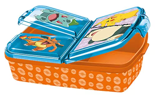 Pokémon Brotdose für Kinder mit 3 Fächern, Lunchbox aus Kunststoff mit Clip-Verschlüssen