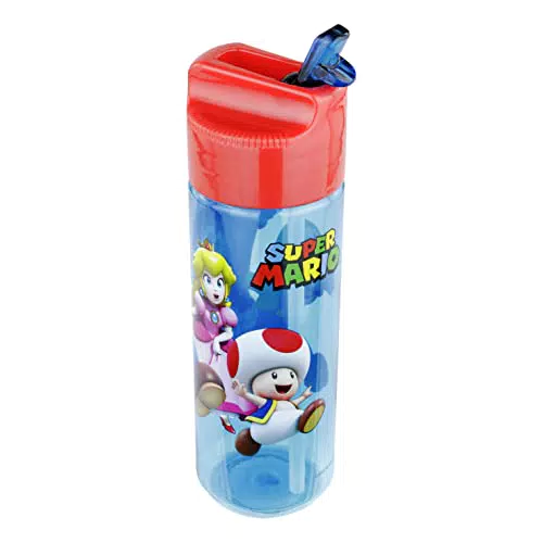 P:os 33165 - Trinkflasche für Kinder, ca. 540 ml, transparentes Design mit Super Mario Motiv und integriertem Strohhalm zum Hochklappen