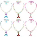 powerking Mädchen Halskette Armband Ohrring Set, 6 Set kleine Mädchen und Kinder Perlen Schmuck Halskette und Armband Set mit Meerjungfrau Anhänger für Dress Up Pretend Play Mitbringsel