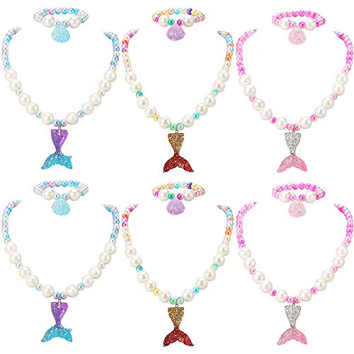 powerking Mädchen Halskette Armband Ohrring Set, 6 Set kleine Mädchen und Kinder Perlen Schmuck Halskette und Armband Set mit Meerjungfrau Anhänger für Dress Up Pretend Play Mitbringsel