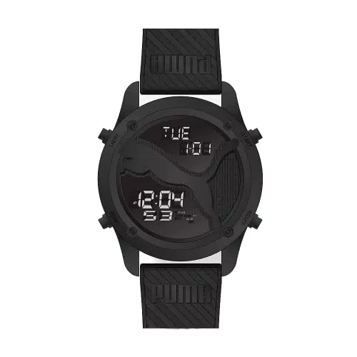 PUMA Herrenuhr Big Cat, LCD Uhrwerk, 44MM Schwarzes Polykarbonatgehäuse mit PolyurethanArmband