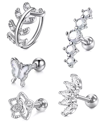 Rajnard 5 Stück Helix Piercing Schmuck 16G Chirurgenstahl Silber Tragus Knorpel Daith Conch Ohrringe Ohrstecker Zirkonia Blume und Schmetterling Blatt Formen