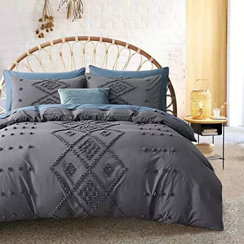 Sacebeleu Grau BettwäSche 200x200cm Gewaschene Baumwolle Handgefertigt Stickerei Shabby Chic Getuftet Boho Doppelbett Bettbezug mit Reißverschluss und 2 Kissenbezüge 80x80cm