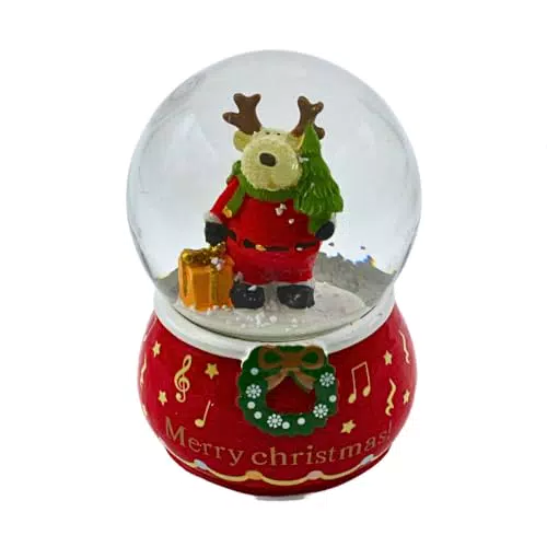 Schneekugel mit Elch auf rotem Sockel mit Verzierungen und Schriftzug - Merry Christmas -