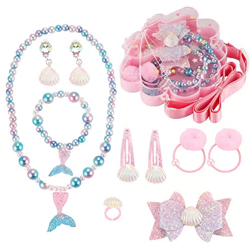 Seatecks 9 Paar Mädchen Ohrclips und verstellbare Ringe Set Prinzessin Dress Up Spiel Schmuck mit herzförmiger rosa Box