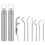 simarro Zahnstocher Metall, 7 Stück Zahnstocher Set mit Halter Wiederverwendbar Zahnpflege mit Schlüsselanhänger Tragbar Edelstahl Toothpick für Zahnreinigung