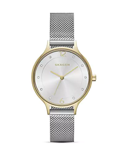 Skagen Damenuhr Anita Lille, Dreizeiger Uhrwerk, 30mm Goldfarbenes Edelstahlgehäuse mit EdelstahlMeshband