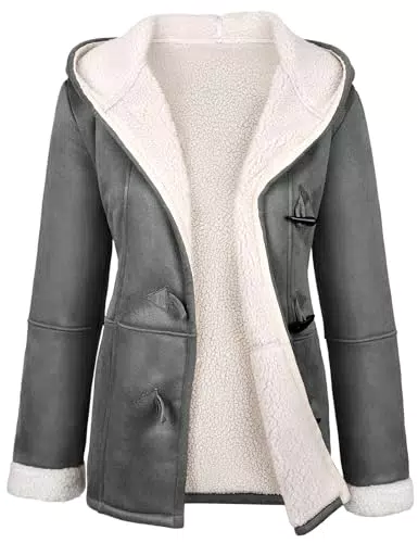 Svanco Hoodie Damen Kapuzenjacke Fleecejacke Oversize Plüschjacke mit Kapuze Winter Mantel Wärme Kuscheljacke Mit Lammwolle Langarm Casual Jacke Outdoor Winterjacke mit Kuhhorn Hornknopf