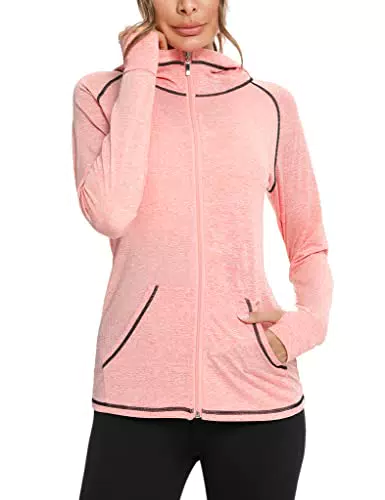 Sykooria Damen Sweatjacke Langarm Trainingsjacke Laufjacke Hoodie Leichte Atmungsaktiv Sportjacke voll Zip Kapuzenjacke mit Daumenloch und Seitentasche Fitness