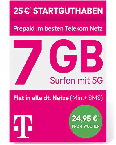 Telekom MagentaMobil Prepaid XL I 7GB Datenvolumen I SIM-Karte ohne Vertragsbindung I Allnet Flat in alle dt. Netze I mit EU-Roaming I Surfen mit 5G Max & Hotspot Flat