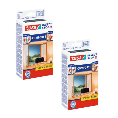 tesa Insect Stop COMFORT Fliegengitter für Fenster im 2er Pack - Insektenschutz mit Klettband selbstklebend - Fliegen Netz ohne Bohren - anthrazit
