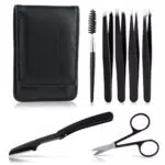 Thinp 6 Stück Pinzetten Set Edelstahl Augenbrauenpinzette Set Präzision Zupfpinzette Augenbrauen Zupfen Schwarz Spitzpinzette Splitterpinzette Tweezers mit Schere und Ledertasche