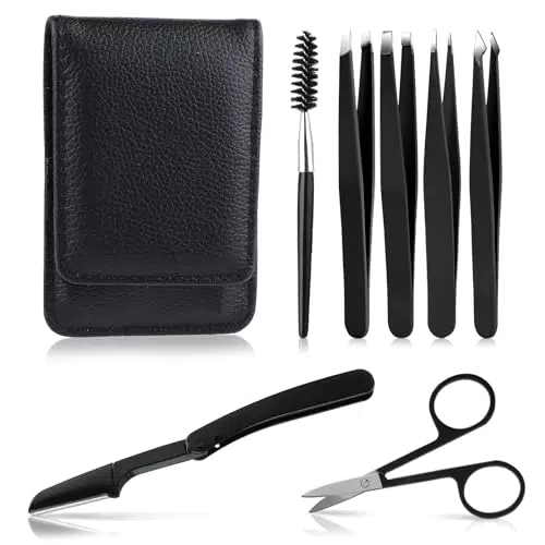 Thinp 6 Stück Pinzetten Set Edelstahl Augenbrauenpinzette Set Präzision Zupfpinzette Augenbrauen Zupfen Schwarz Spitzpinzette Splitterpinzette Tweezers mit Schere und Ledertasche