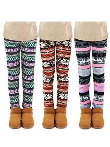 TODDOR 3 Pack warme Mädchen Leggings Winter Dicke Vlies ausgekleidete Leggings Kinder Knöchel Länge Bedruckte Stretchhose