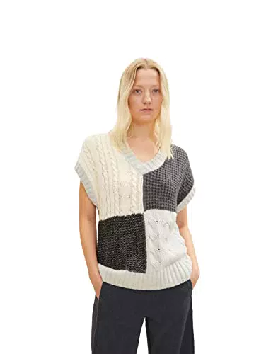 TOM TAILOR Damen Pullunder mit Zopfmuster 1034060, 30808 - Grey Patched Design
