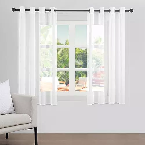 Topfinel Gardinen Kurz Vorhang Stores Gardine mit Ösen Vorhänge Weiß Halbtransparent Gardienen Schals Wohnzimmer Modern Weihnachtsdeko Fenster Ösenvorhang 2er Set 145x140cm