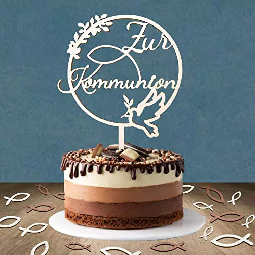 Tortendeko Kommunion, 1 Stück Zur Kommunion Cake Topper Taufe Holz & 36 Stück Holz Fische Tischdeko Kommunion