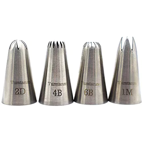 Tumtanm #1M #2D #4B #6B Große Spritztüllen, 4 Stück Edelstahl nahtlose Zuckerguss-Spritztüllen Set für Cupcakes und Backen