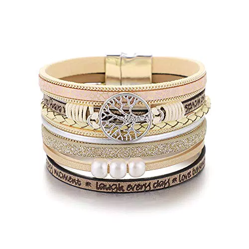 UEUC Bohemia Multilayer Wide Leather Cuff Handmade Wristbands Braided Magnetic Buckle Casual Bangle Armband für Frauen & Mädchen