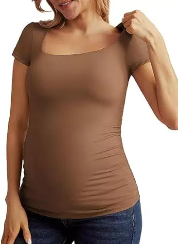 Umstandstop T-Shirt Umstandsshirt Schwangerschaft Kleidung Mutterschafts Kurzarm Shirt Braun X