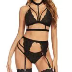 UNibelle Damen Dessous-Set Sexy Reizwäsche 4-TLG Baby Doll Strapse Set mit Strumpfband Spitze Unterwäsche und Slip Schwarz M