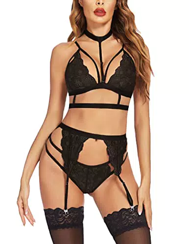 UNibelle Damen Dessous-Set Sexy Reizwäsche 4-TLG Baby Doll Strapse Set mit Strumpfband Spitze Unterwäsche und Slip Schwarz M