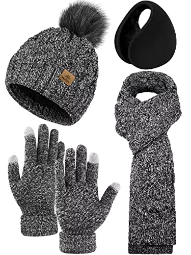 URATOT 4 Packungen Winter Warm Set Gestrickte Pompom Hut Schal Touchscreen Handschuhe Ohrwärmer 4 In 1 Set für Männer oder Frauen