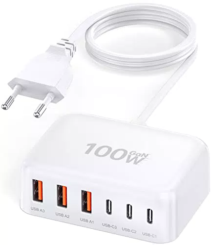 USB C Ladegerät, 100W 6-Port USB C Adapter Mehrfach Ladegerät mit USB-C und USB-A