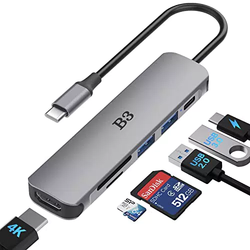USB C to 4K HD.MI Adapter für MacBook Pro Air, 6 IN 1 USB-C Digital AV Multiport Adapter mit USB 3.0 Anschlüsse