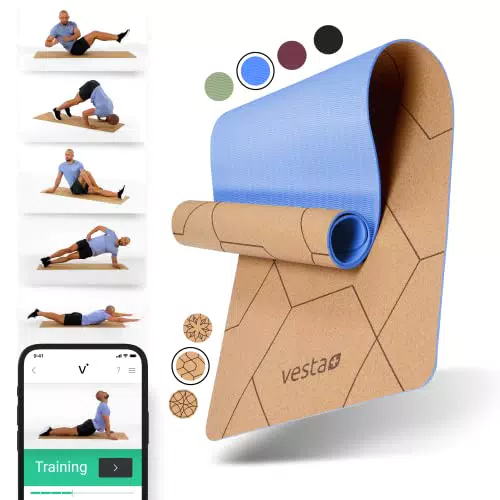Vesta+ Yogamatte Kork TPE + Fitness App - Die nachhaltige Kork Yogamatte für das Plus in Deinem Workout - Testsieger unter Korkmatten Yoga als Yoga Matte Kork