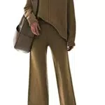 Viottiset Damen Gestrickte Outfits Stehkragen Pullover Weites Bein Hosen Zweiteilig Set Sweatsuit Loungewear Braun