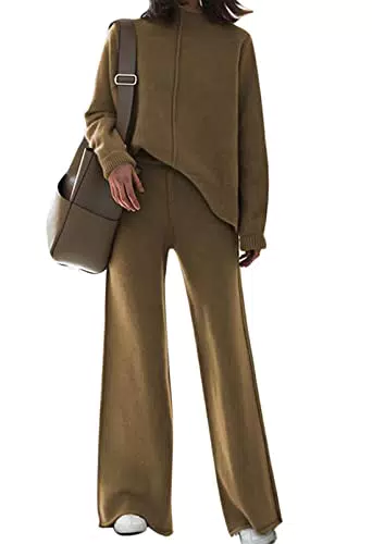 Viottiset Damen Gestrickte Outfits Stehkragen Pullover Weites Bein Hosen Zweiteilig Set Sweatsuit Loungewear Braun