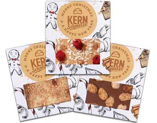 Weihnachtliche Manufaktur Schokolade - Handgemachte Schokoladentafeln 3er Set von KERNenergie - Ideal als Geschenk 3 Tafeln a 100g in Geschenkverpackung