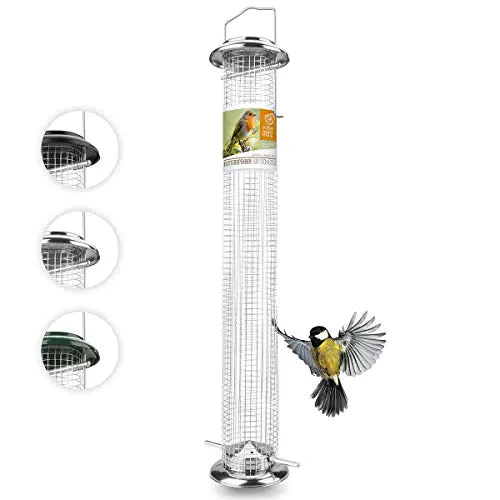 wildtier herz I Vogelfutterspender 52cm, Silber - Erdnussfutterspender aus rostfreiem Edelstahl I Futterstation Futtersäule Vögel I Großer Vogelfutterspender für Wildvögel