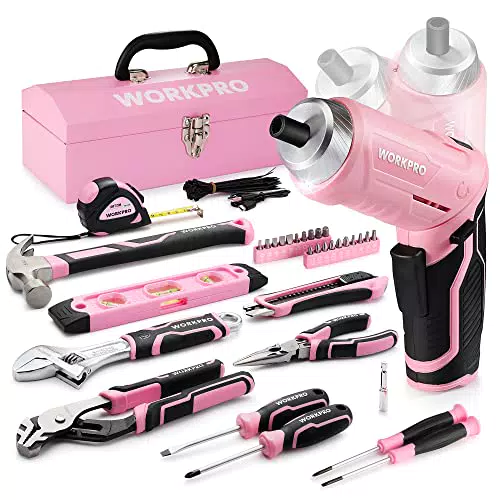 WORKPRO 73-tlg. Werkzeug Set Rosa mit Akkuschrauber klein