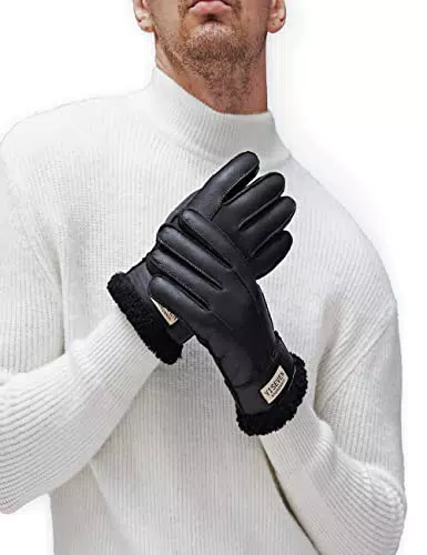 YISEVEN Herren Lammfell Leder Handschuhe Shearling Männer Winter Auto Chic Dicke Fell Gefüttert Lederhandschuhe Fellhandschuhe Fingerhandschuhe Winterhandschuhe Herrenhandschuhe Geschenke