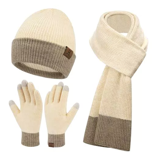 ZASFOU Damen Winter Mütze Schal Touchscreen Handschuhe Set Beanie Wintermütze Thermo Strickmütze Schlauchschal Winterhandschuhe Geschenk für Frauen