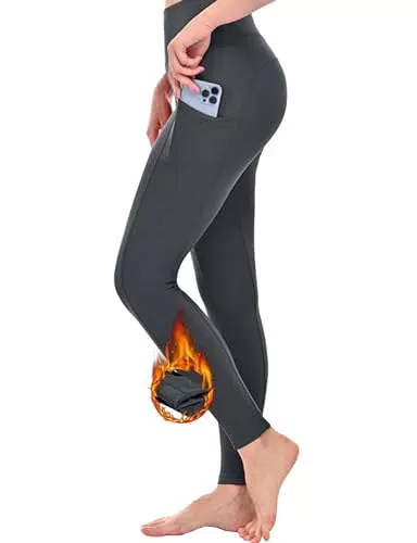 Zzkouine Leggings Women's Outdoor Fleece Lined Leggings Women's Pockets High Waist Winter Waterproof Yoga Fitness Training Sports Leggings-Dark Gray-