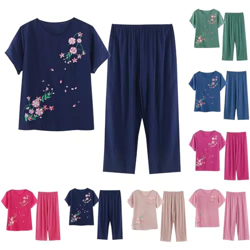 Damen Lounge Set Sommer Pyjama Baumwolle Leinen Rundhals Outfit