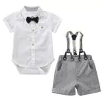 AGQT Baby Jungen Weihnachten Outfit Strampler Bekleidungssets Gentleman Anzug Kurzarm Strampler + Fliege + Kurze Hose Festliche Taufe Hochzeit Formell Set Weiß 3-6 Monate