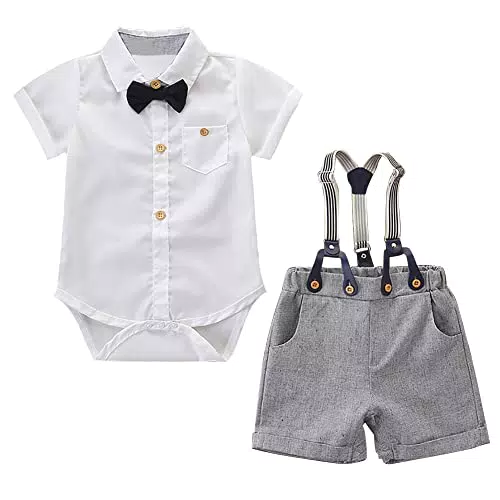 AGQT Baby Jungen Weihnachten Outfit Strampler Bekleidungssets Gentleman Anzug Kurzarm Strampler + Fliege + Kurze Hose Festliche Taufe Hochzeit Formell Set Weiß 3-6 Monate