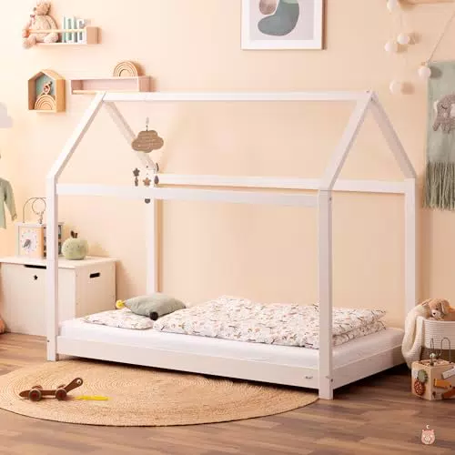 Alcube HOLMI Kinderbett 80 x 160 cm, Montessori Bodenbett inkl. Lattenrost für Jungen und Mädchen aus Kiefer Massivholz Hausbett 80x160 - Bett in Weiß