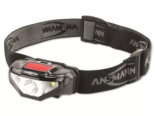 ANSMANN LED Stirnlampe HD70B - 65 Lumen, IP44 Spritzwasserschutz, 80m Reichweite - 3 Funktionen - Ideale Kopflampe zum Radfahren, Laufen, Angeln, Klettern, Camping & Werkstatt